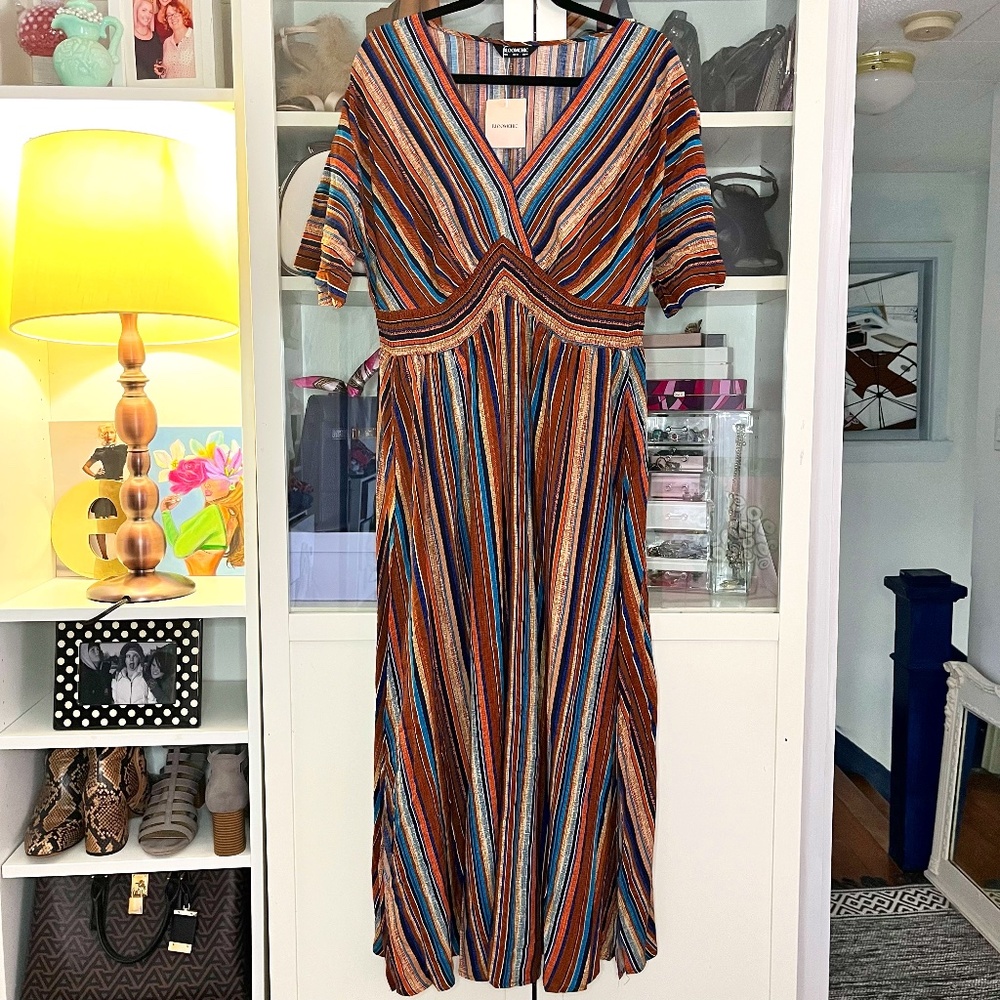 Multicolour Stripe Long Vacation Dress with Pockets! Size 12